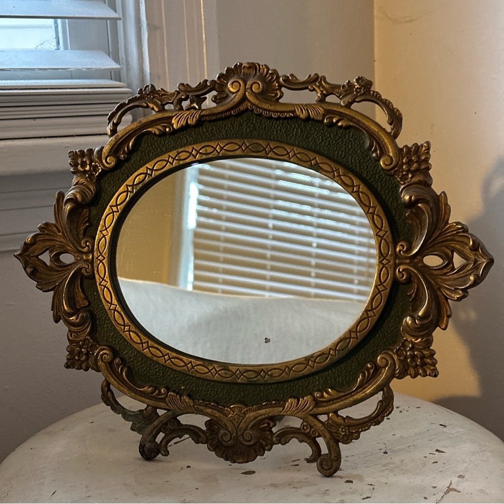 Antique MIRROR Baroque French vanity free standing solid Brass with green detail - Picture 12 of 16